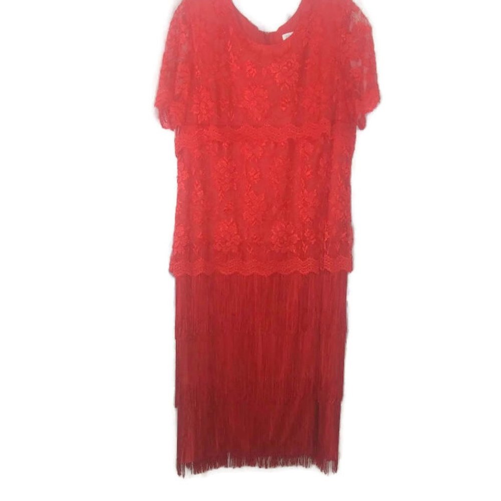 Vintage Serbin Red Lace Fringe Hem Midi Dress
